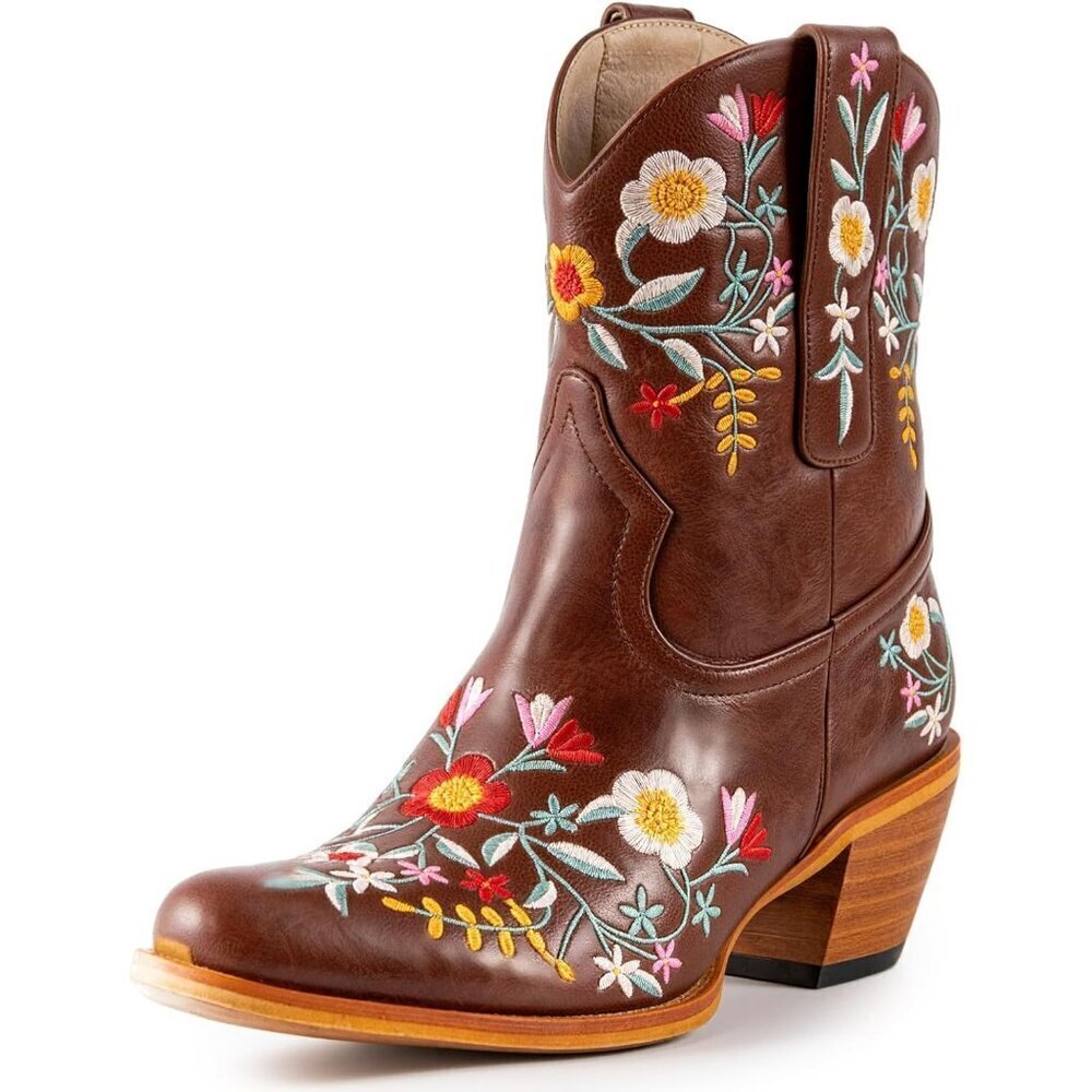 Women's Flower Brown Embroidered Chunky Heel Ankle Snip Square Toe Western Boot